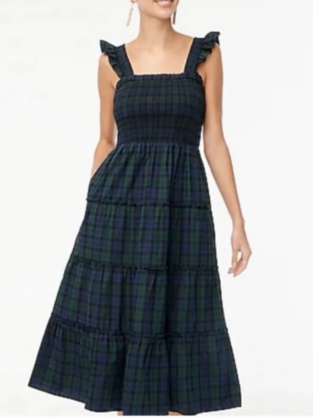 NWT J.Crew Cotton Poplin Smocked Tiered Plaid Midi Dress Tartan, Sz Small